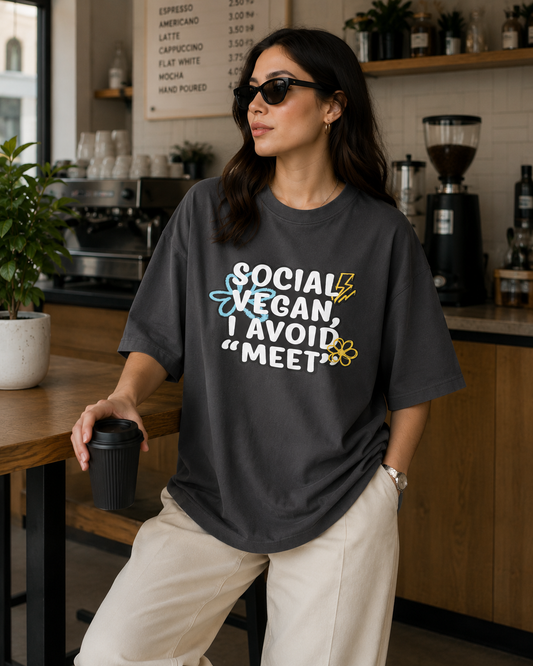 Social Vegan I Avoid 'Meat' Oversize Tee — Funny Vegan Graphic T-Shirt