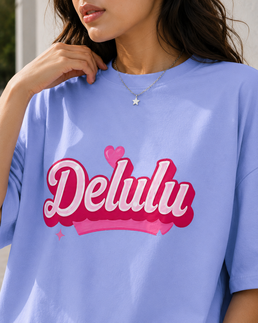 Delulu Script Tee — Cute Pink Heart Graphic Oversized T‑Shirt