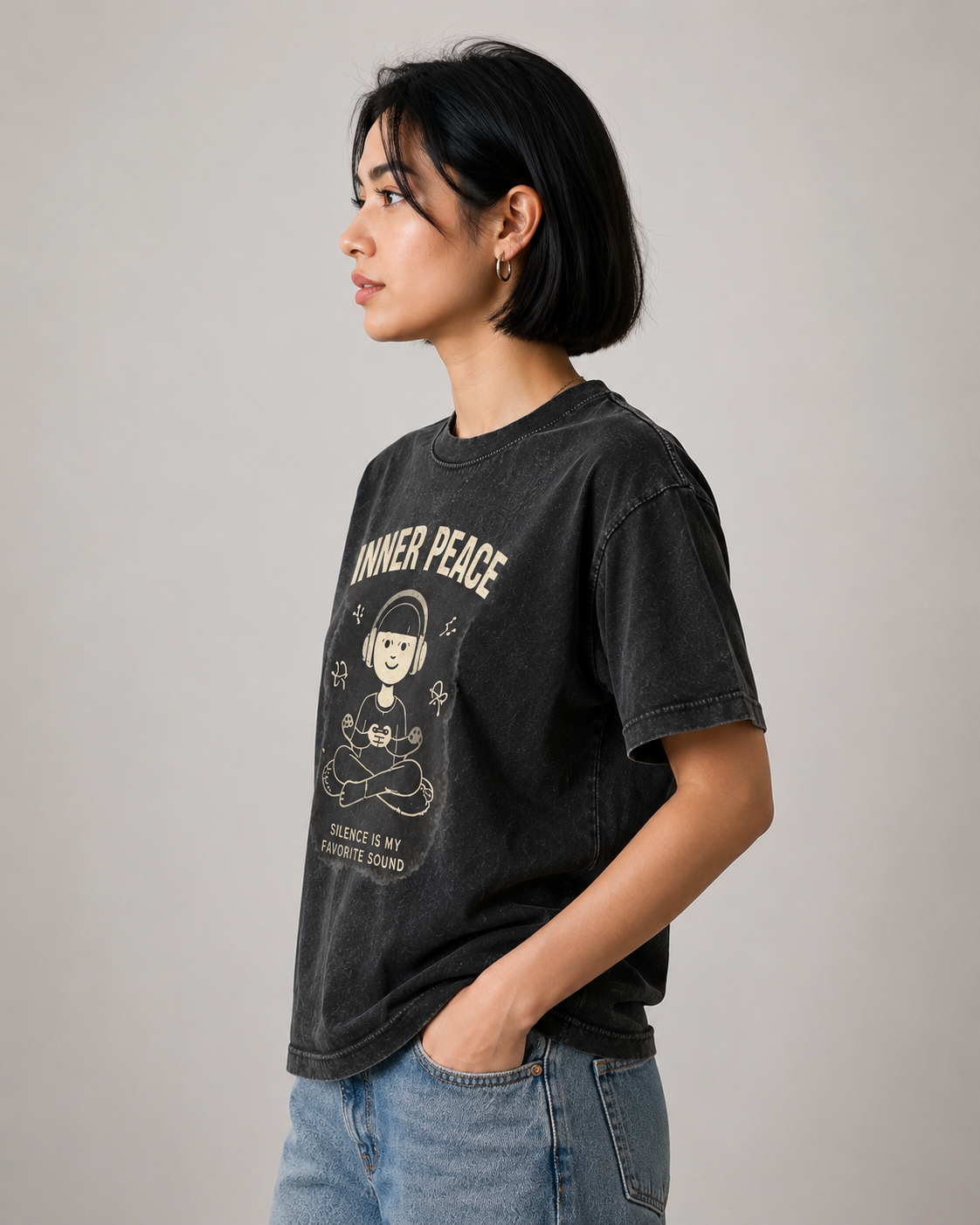 Inner Peace Acid Wash Tee — "Silence Is My Favorite Sound" Graphic T-Shirt