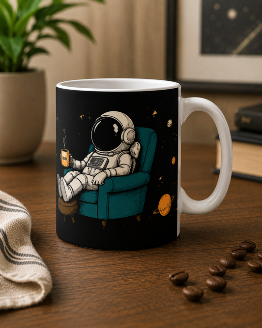 Astronaut Coffee Mug — Relaxing Space Travel Ceramic Mug (“SPACE” Design)