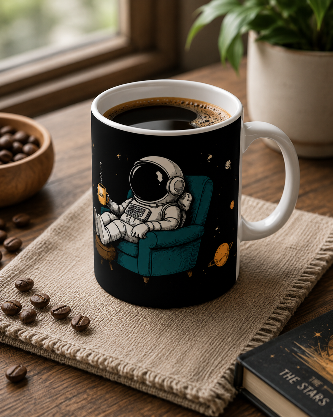 Astronaut Coffee Mug — Relaxing Space Travel Ceramic Mug (“SPACE” Design)