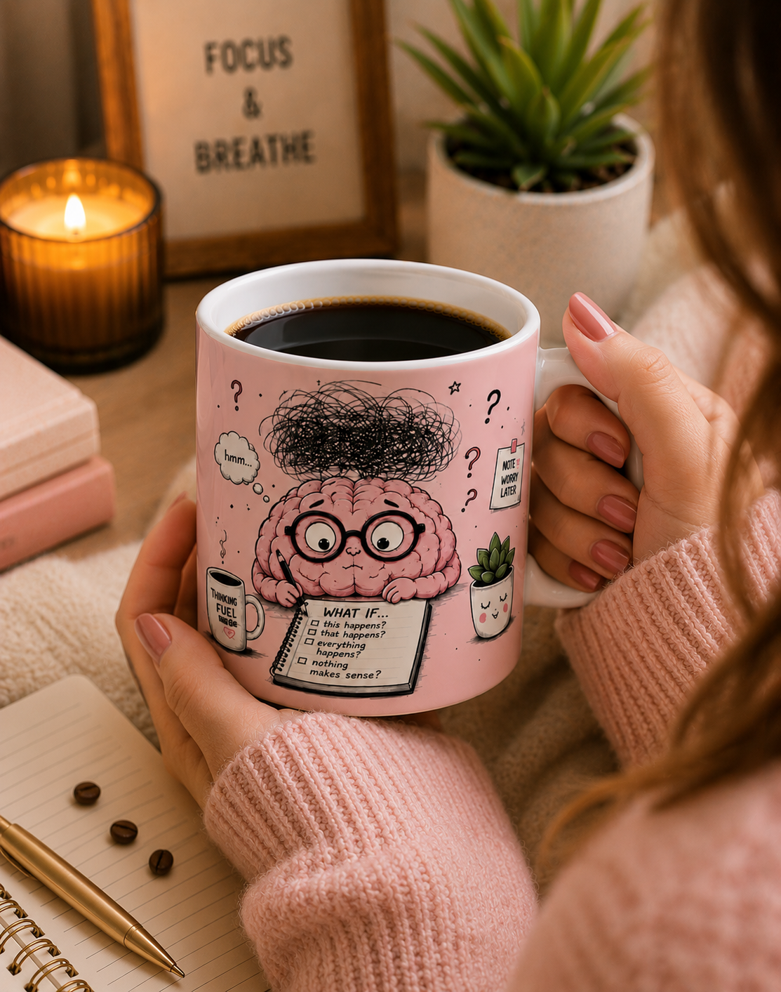 Overthinking Progress Ceramic Mug — Cute Brain Cartoon, 'Too Many Thoughts Need Coffee'
