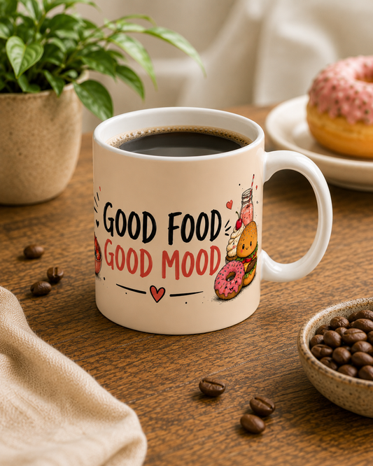 Good Food Good Mood Ceramic Mug — Cute Food Illustration Coffee Cup