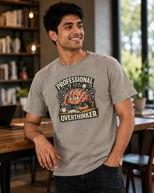 Professional Overthinker Acid-Wash Tee — Graphic Funny Brain T-Shirt