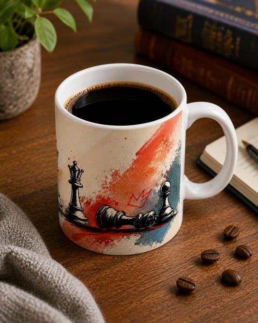 Chess Pieces Ceramic Mug — Watercolor King & Fallen Pawn Design