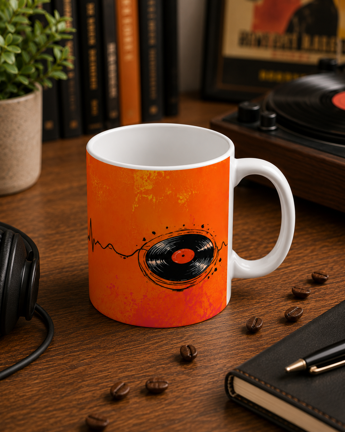 Music Lover Mug — Headphones & Vinyl Heartbeat Ceramic Coffee Cup