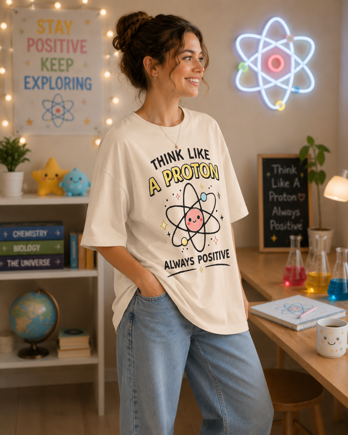 Think Like a Proton T‑Shirt — Always Positive Cute Science Tee