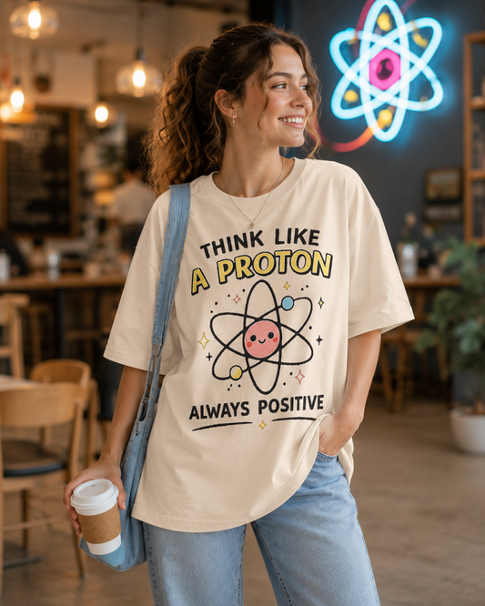 Think Like a Proton T‑Shirt — Always Positive Cute Science Tee