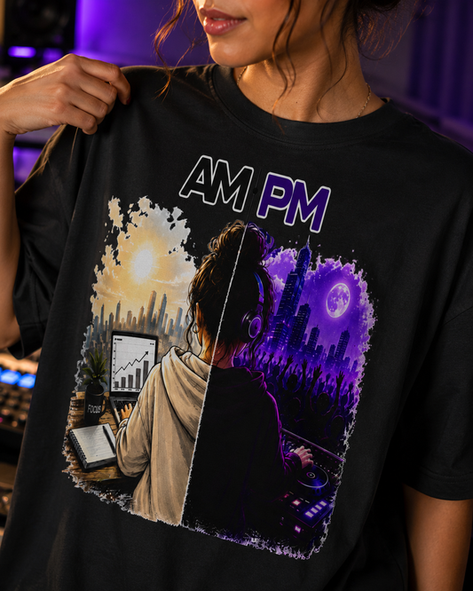 Work Hard By Day, Party By Night Oversize Tee — AM/PM Split-Scene Graphic