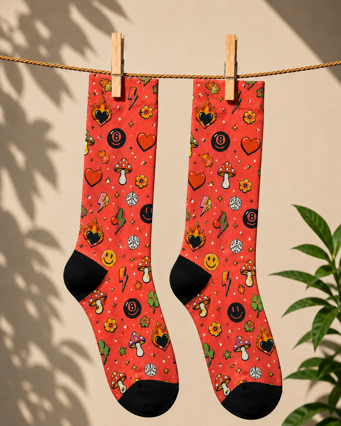Red Retro Tattoo Crew Socks – Hearts, Flames & Smiley Pattern