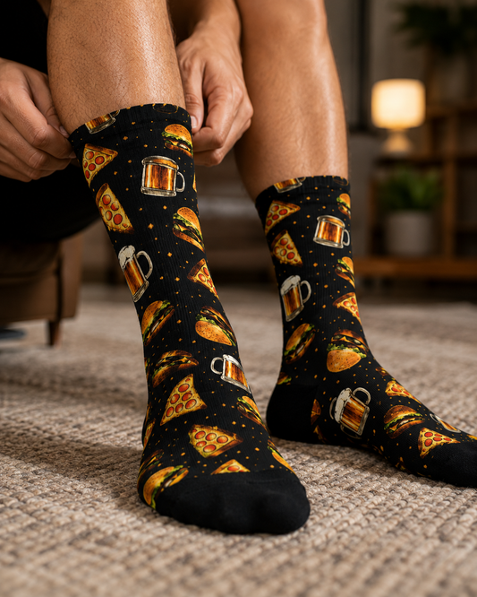 Pizza, Burger & Beer Crew Socks — Fun Food Pattern Sublimated Socks