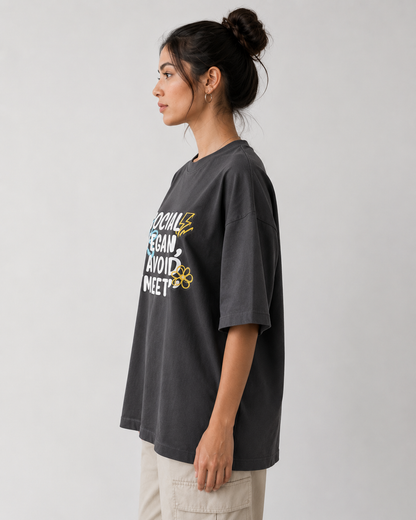 Social Vegan I Avoid 'Meat' Oversize Tee — Funny Vegan Graphic T-Shirt