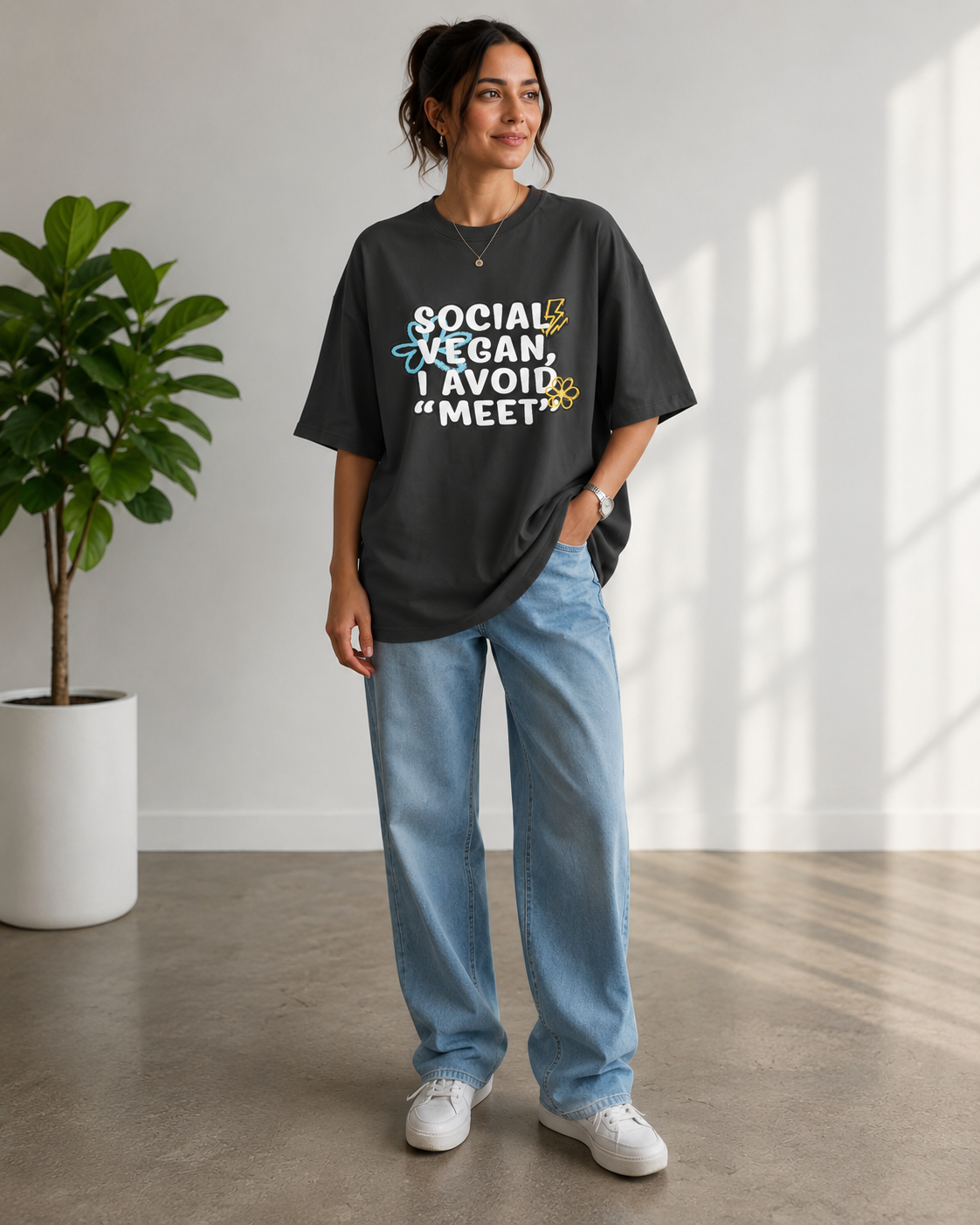 Social Vegan I Avoid 'Meat' Oversize Tee — Funny Vegan Graphic T-Shirt