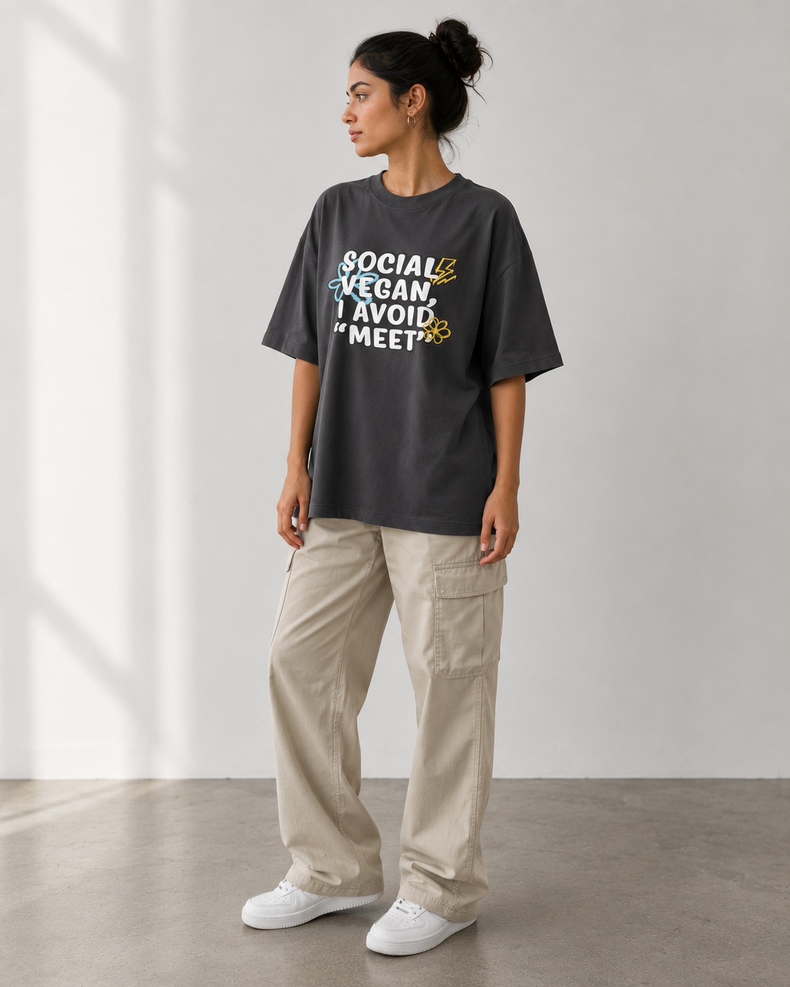 Social Vegan I Avoid 'Meat' Oversize Tee — Funny Vegan Graphic T-Shirt