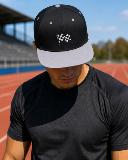 Checkered Flag Embroidered Flat Bill Cap