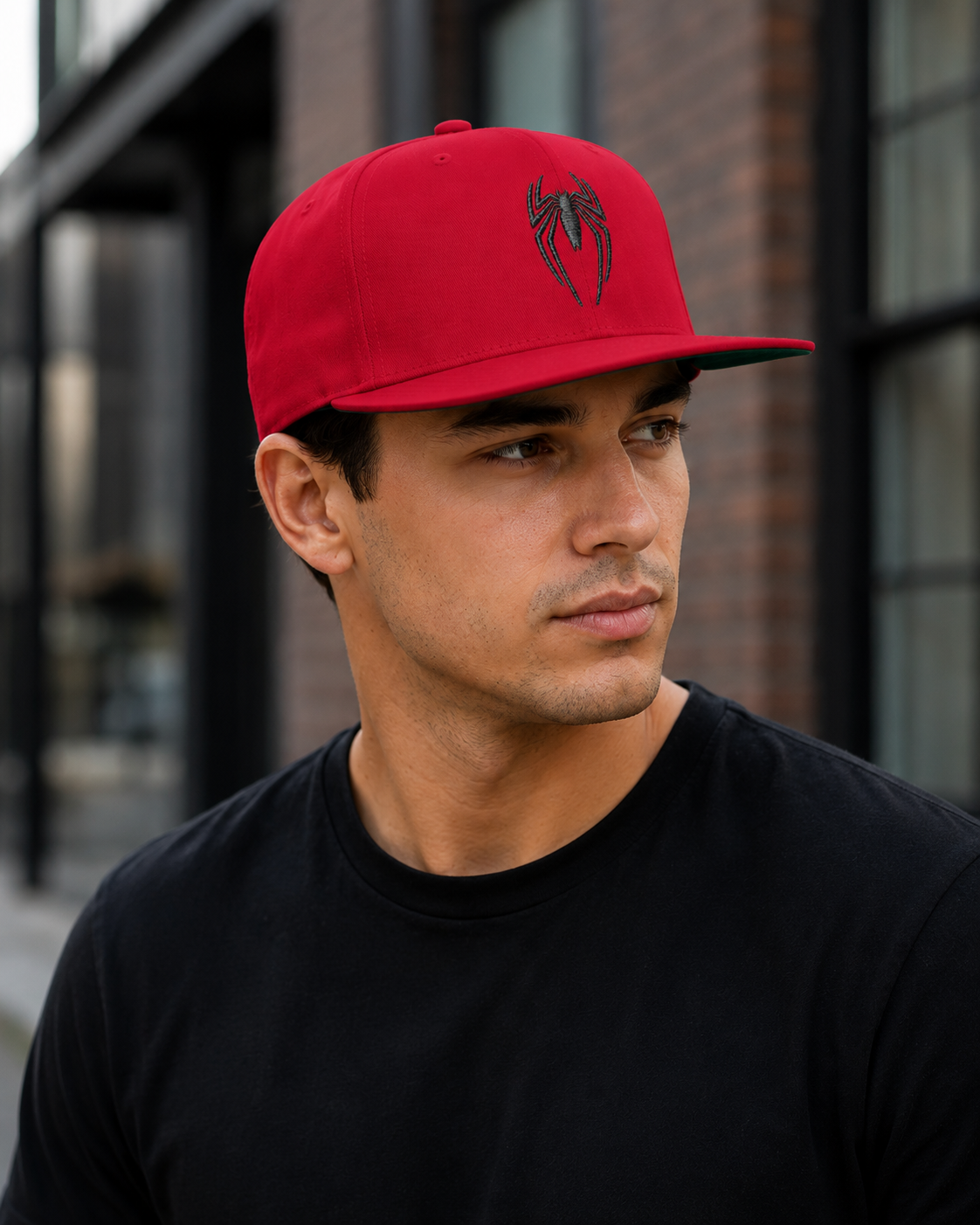 Embroidered Spider Logo Flat Bill Cap — Snapback Hat for Fans