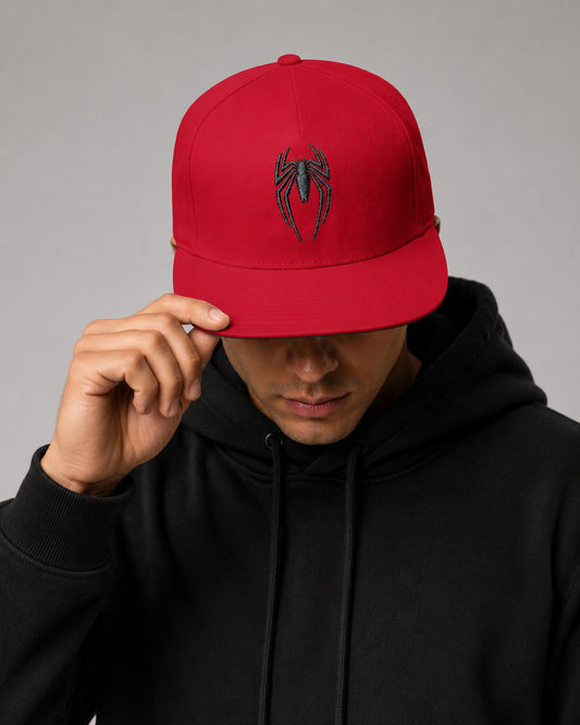 Embroidered Spider Logo Flat Bill Cap — Snapback Hat for Fans