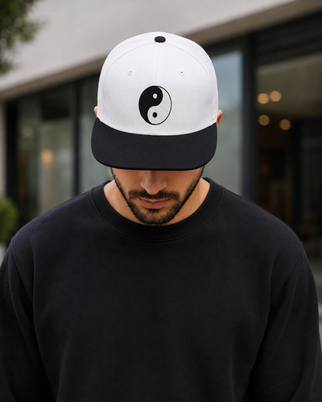 Yin Yang Embroidered Snapback Hat — Black & White Trucker Cap