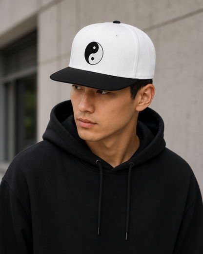 Yin Yang Embroidered Snapback Hat — Black & White Trucker Cap