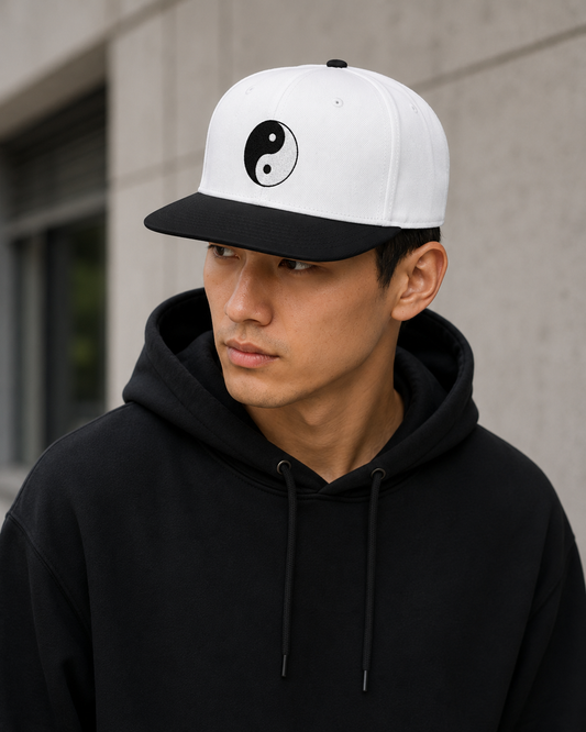 Yin Yang Embroidered Snapback Hat — Black & White Trucker Cap