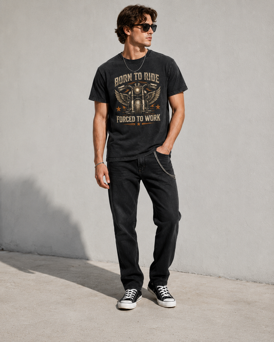 Born to Ride Acid Wash Tee — "Born to Ride, Forced to Work" Motorcycle T‑Shirt