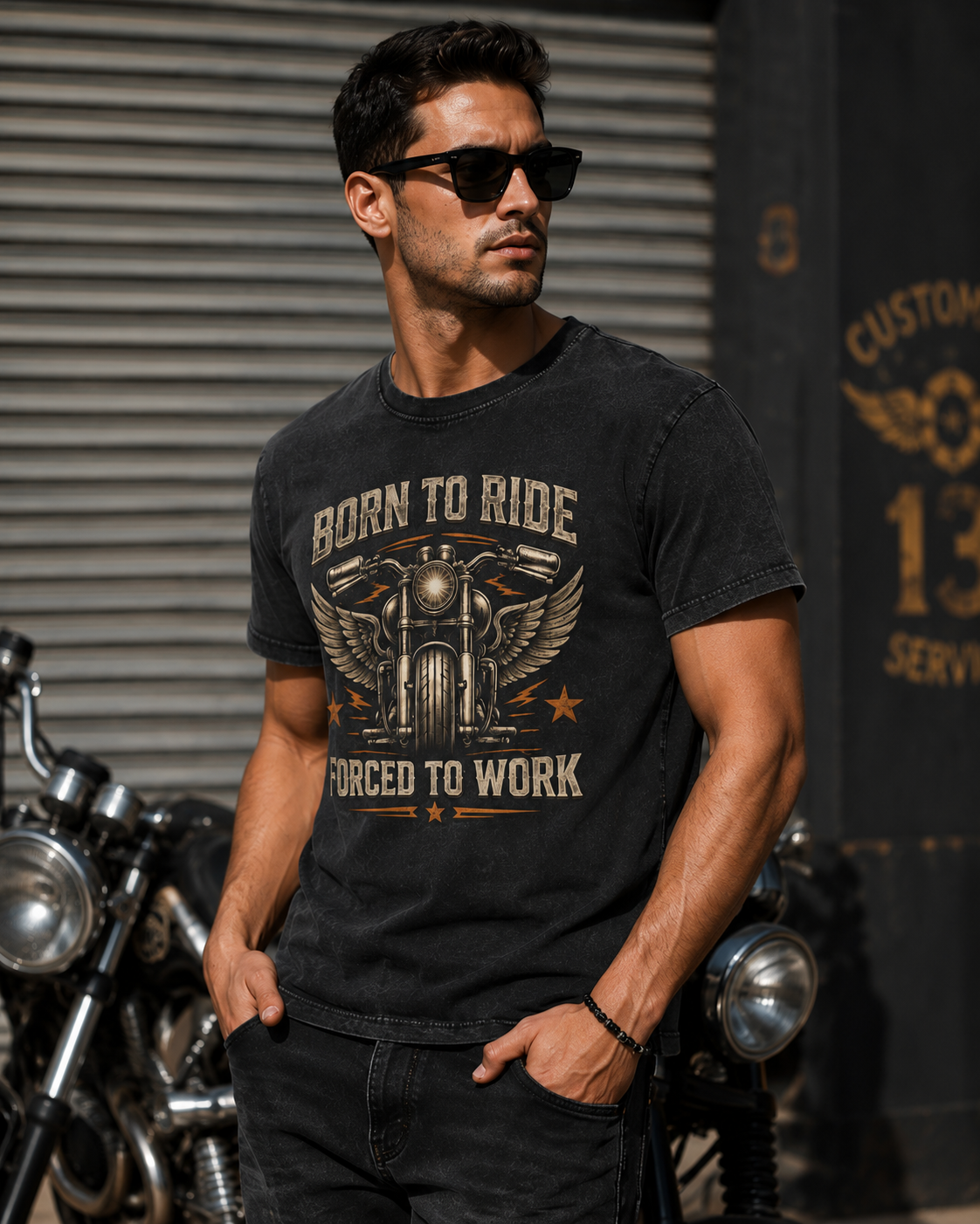 Born to Ride Acid Wash Tee — "Born to Ride, Forced to Work" Motorcycle T‑Shirt