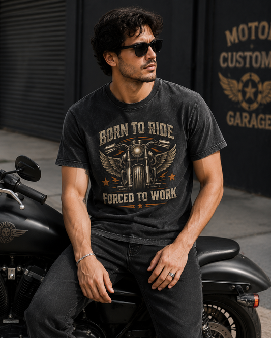 Born to Ride Acid Wash Tee — "Born to Ride, Forced to Work" Motorcycle T‑Shirt