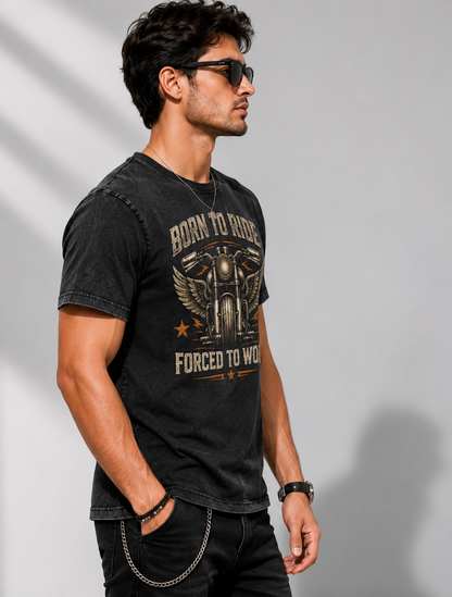 Born to Ride Acid Wash Tee — "Born to Ride, Forced to Work" Motorcycle T‑Shirt