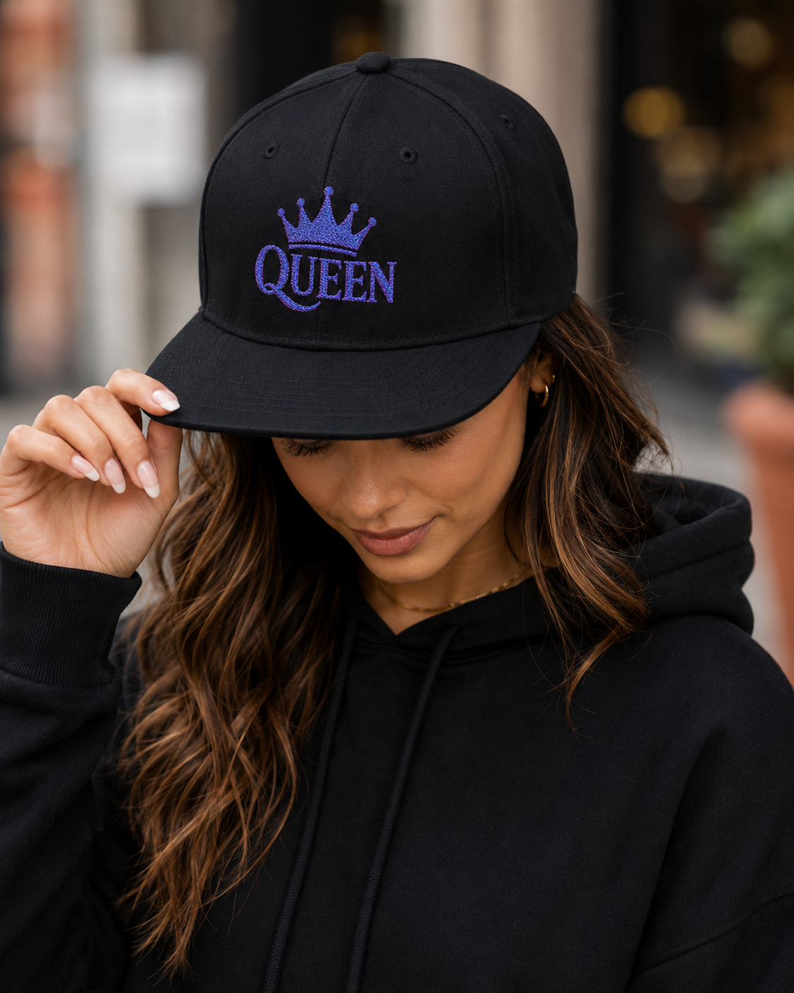Queen Embroidered Flat Bill Cap — Sparkle Crown Trucker Hat