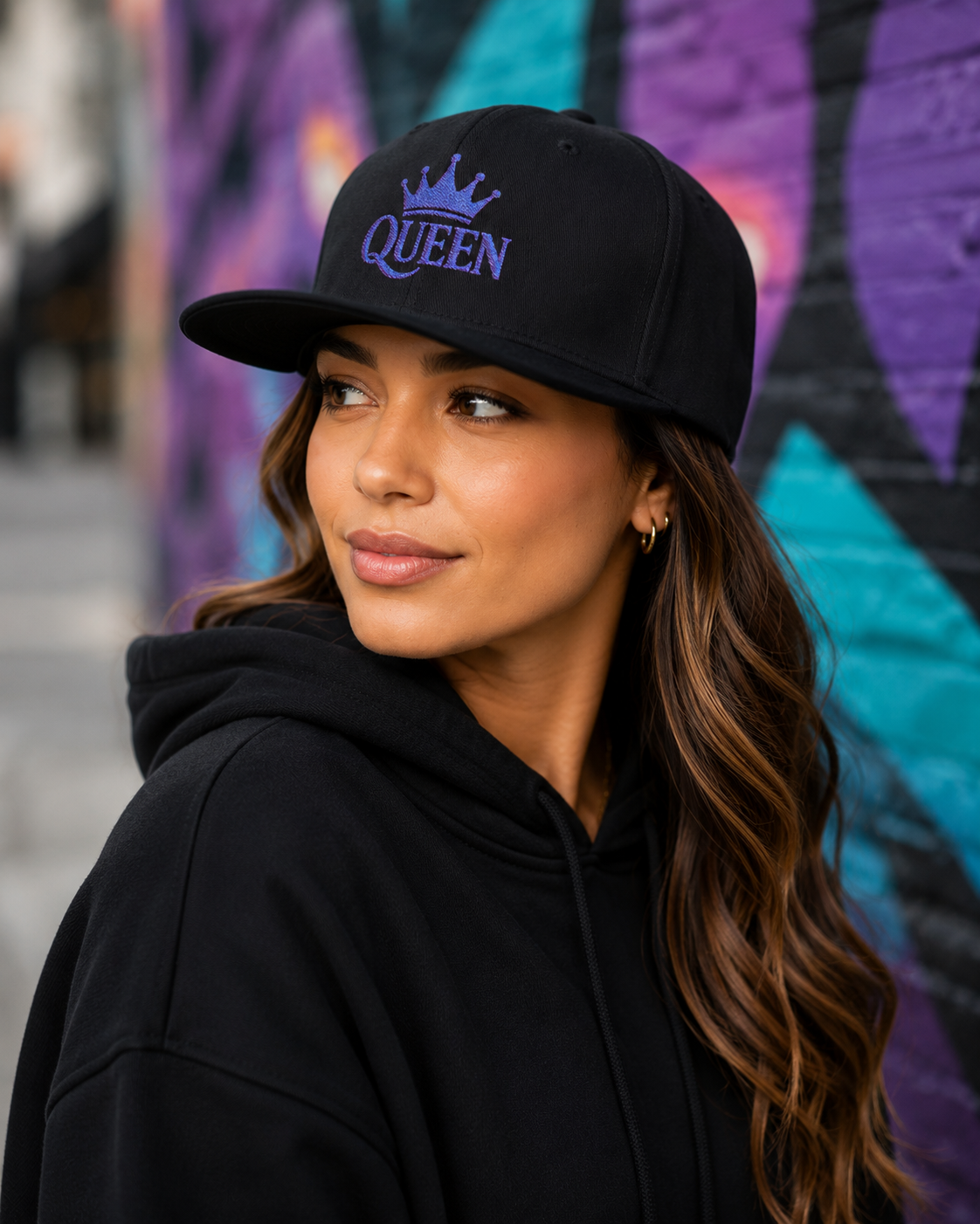 Queen Embroidered Flat Bill Cap — Sparkle Crown Trucker Hat