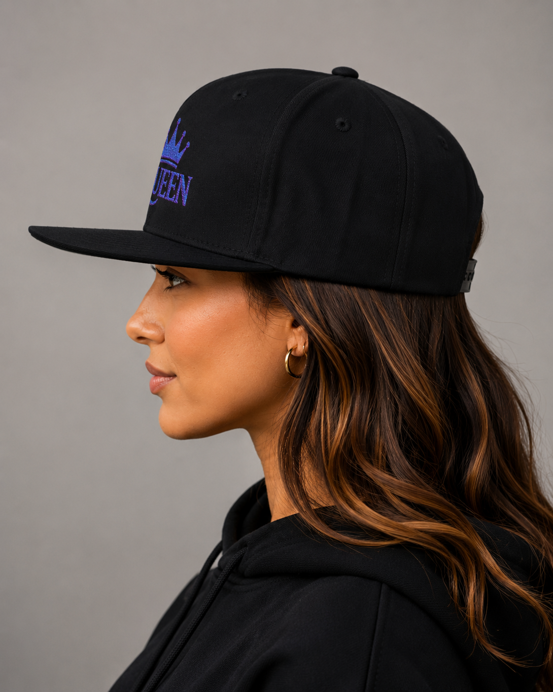 Queen Embroidered Flat Bill Cap — Sparkle Crown Trucker Hat