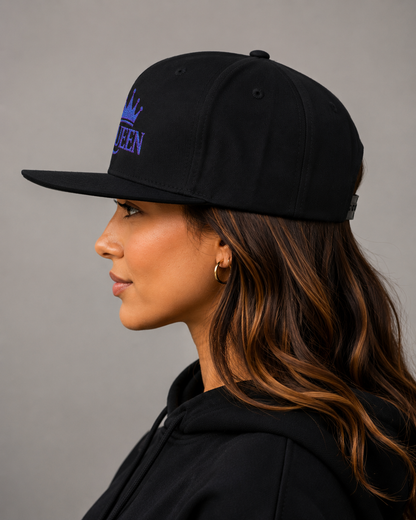 Queen Embroidered Flat Bill Cap — Sparkle Crown Trucker Hat