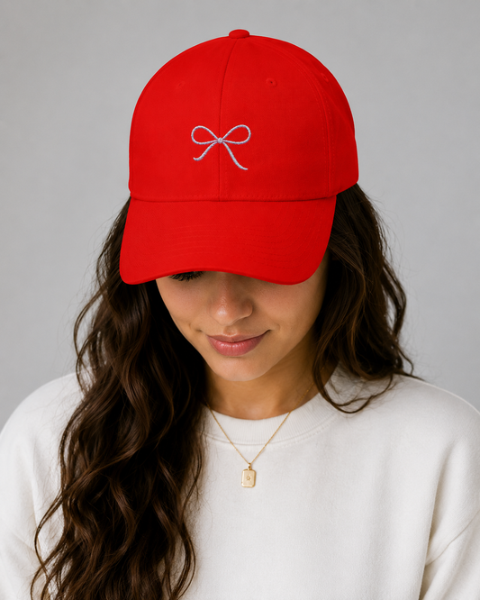 Embroidered Pink Bow Cap — Women's Cute Ribbon Baseball Hat