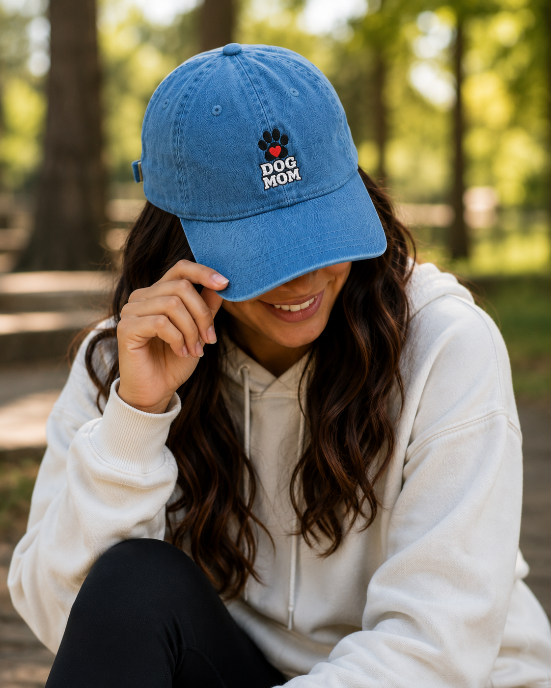 Dog Mom Denim Hat — Embroidered Paw & Heart Cap