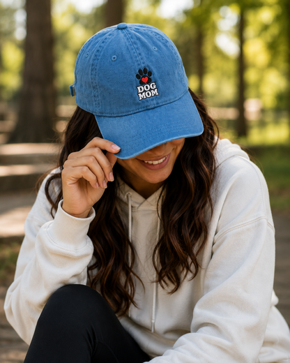 Dog Mom Denim Hat — Embroidered Paw & Heart Cap