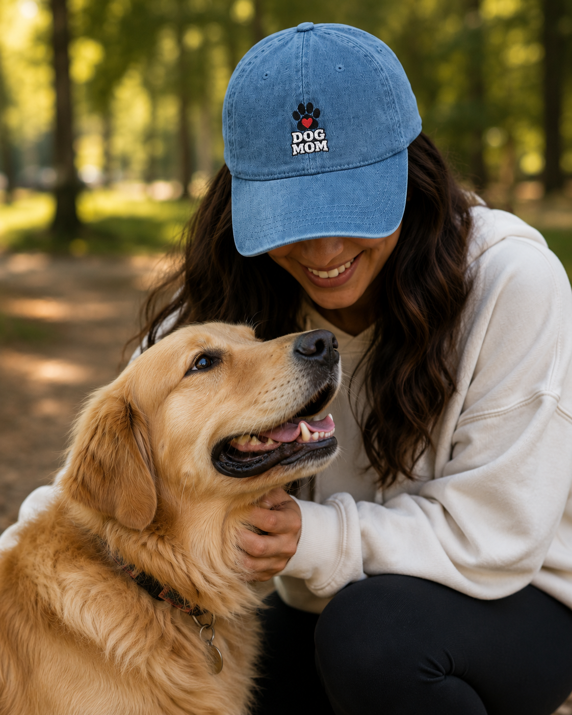 Dog Mom Denim Hat — Embroidered Paw & Heart Cap