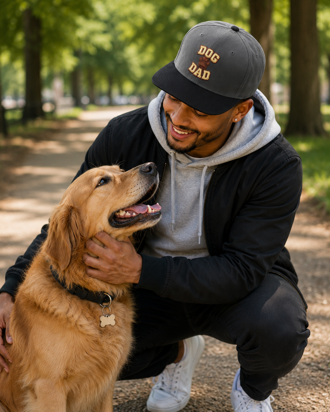 Embroidered Snapback Hat — 'Dog Dad' Flame Text Cap