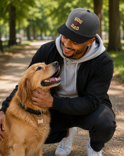 Embroidered Snapback Hat — 'Dog Dad' Flame Text Cap