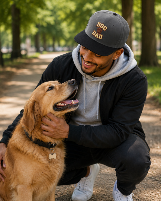 Embroidered Snapback Hat — 'Dog Dad' Flame Text Cap