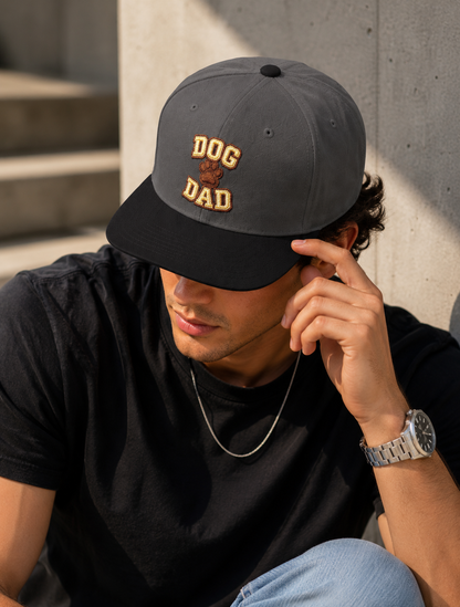 Embroidered Snapback Hat — 'Dog Dad' Flame Text Cap