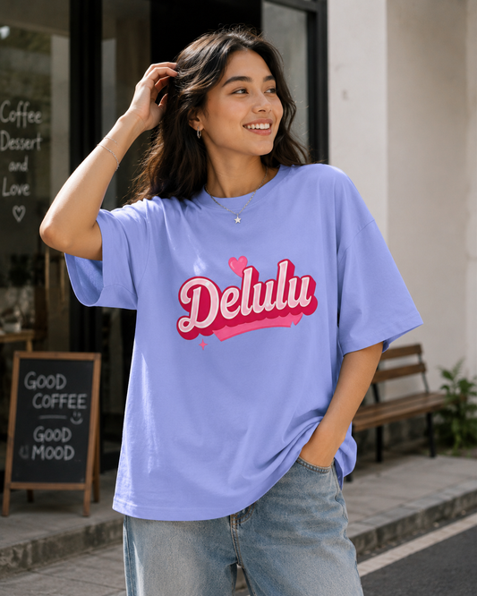 Delulu Script Tee — Cute Pink Heart Graphic Oversized T‑Shirt
