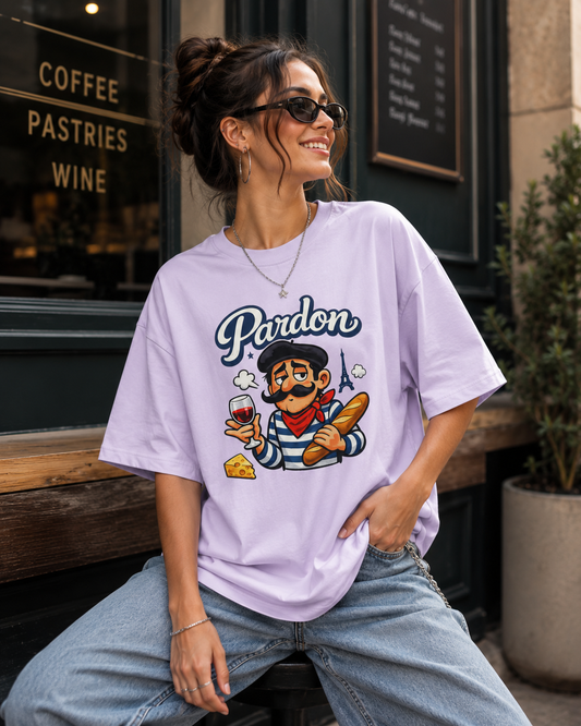 Pardon French Chef Graphic Tee — Baguette, Wine & Cheese Cartoon Shirt