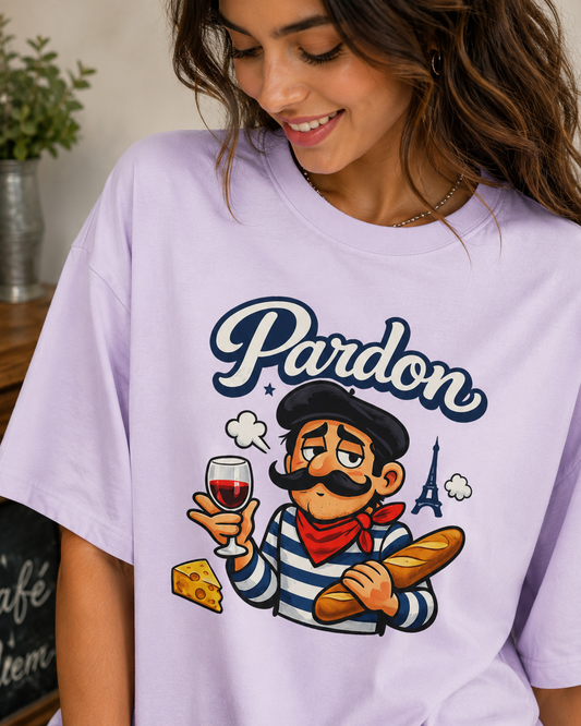 Pardon French Chef Graphic Tee — Baguette, Wine & Cheese Cartoon Shirt