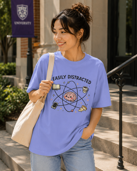 Easily Distracted Tee — Cute Brain Graphic Oversized T-Shirt