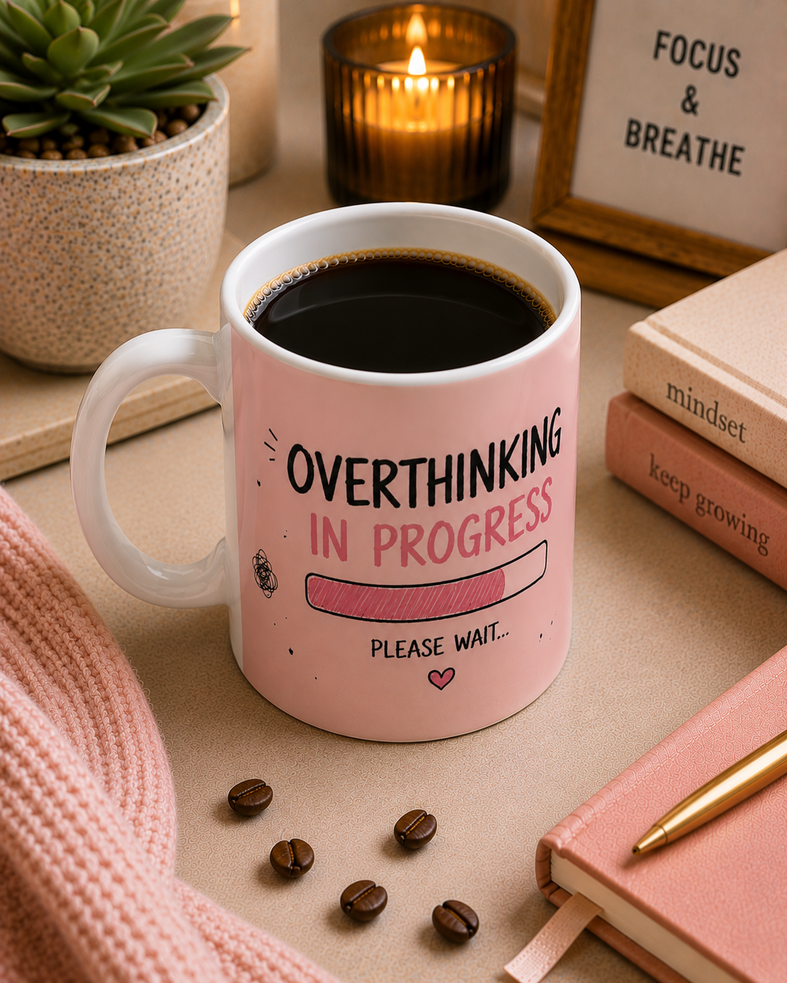 Overthinking Progress Ceramic Mug — Cute Brain Cartoon, 'Too Many Thoughts Need Coffee'