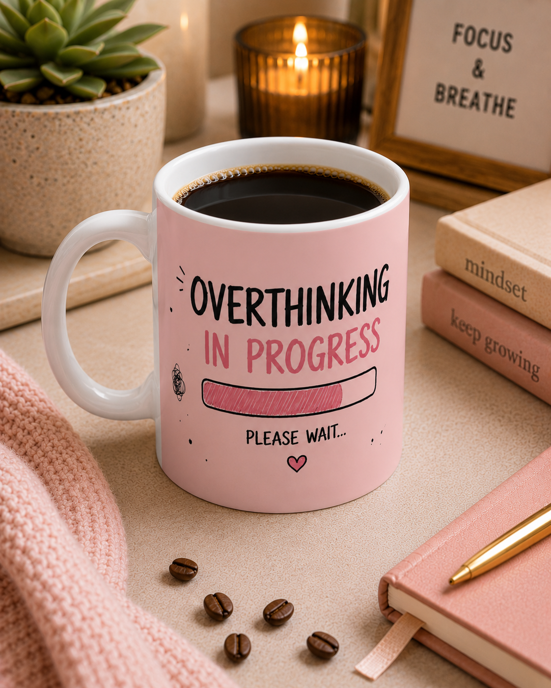 Overthinking Progress Ceramic Mug — Cute Brain Cartoon, 'Too Many Thoughts Need Coffee'
