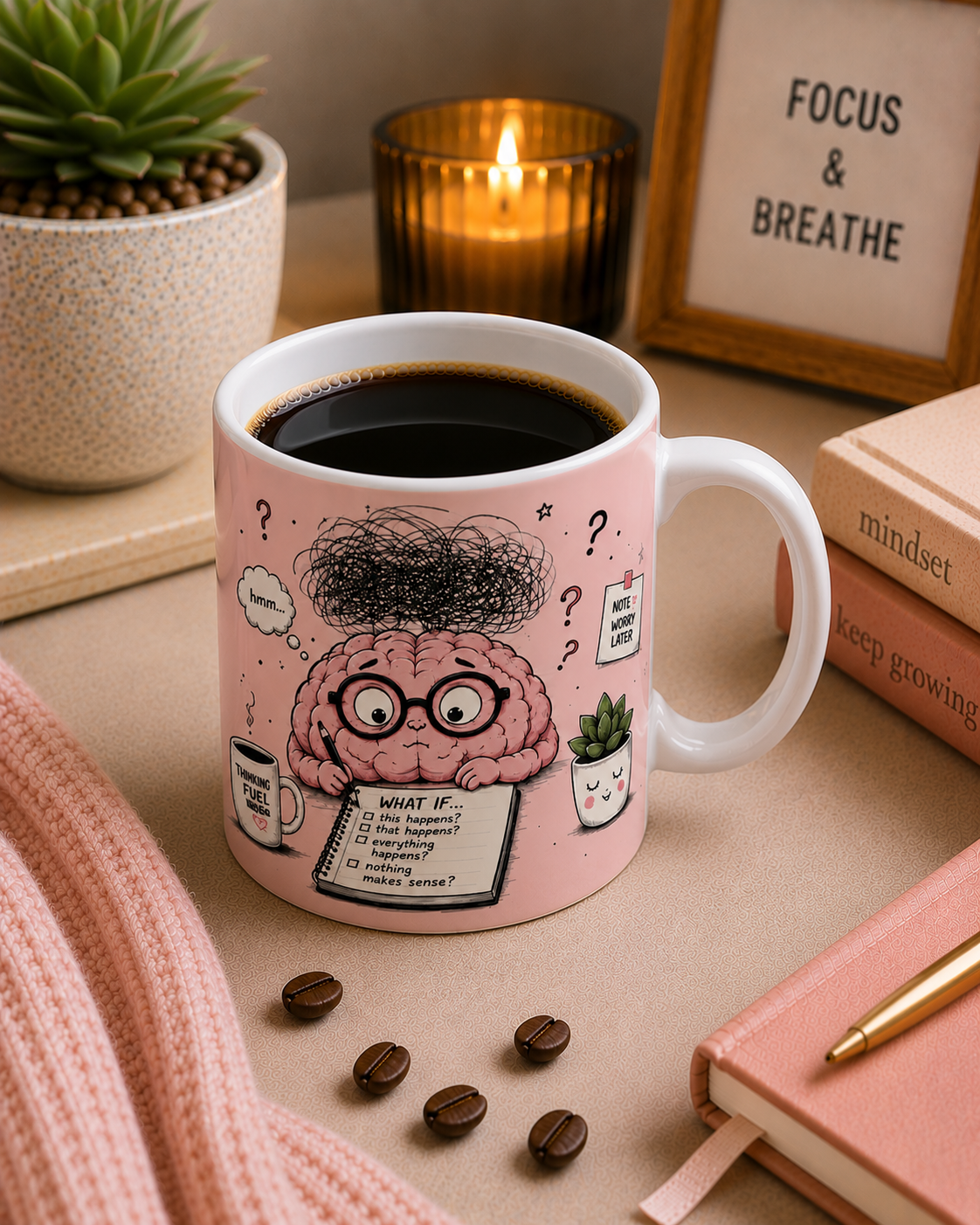 Overthinking Progress Ceramic Mug — Cute Brain Cartoon, 'Too Many Thoughts Need Coffee'
