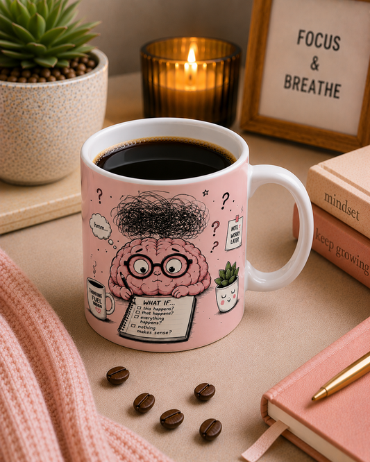 Overthinking Progress Ceramic Mug — Cute Brain Cartoon, 'Too Many Thoughts Need Coffee'