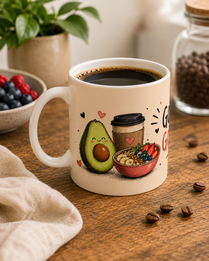 Good Food Good Mood Ceramic Mug — Cute Food Illustration Coffee Cup