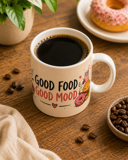 Good Food Good Mood Ceramic Mug — Cute Food Illustration Coffee Cup